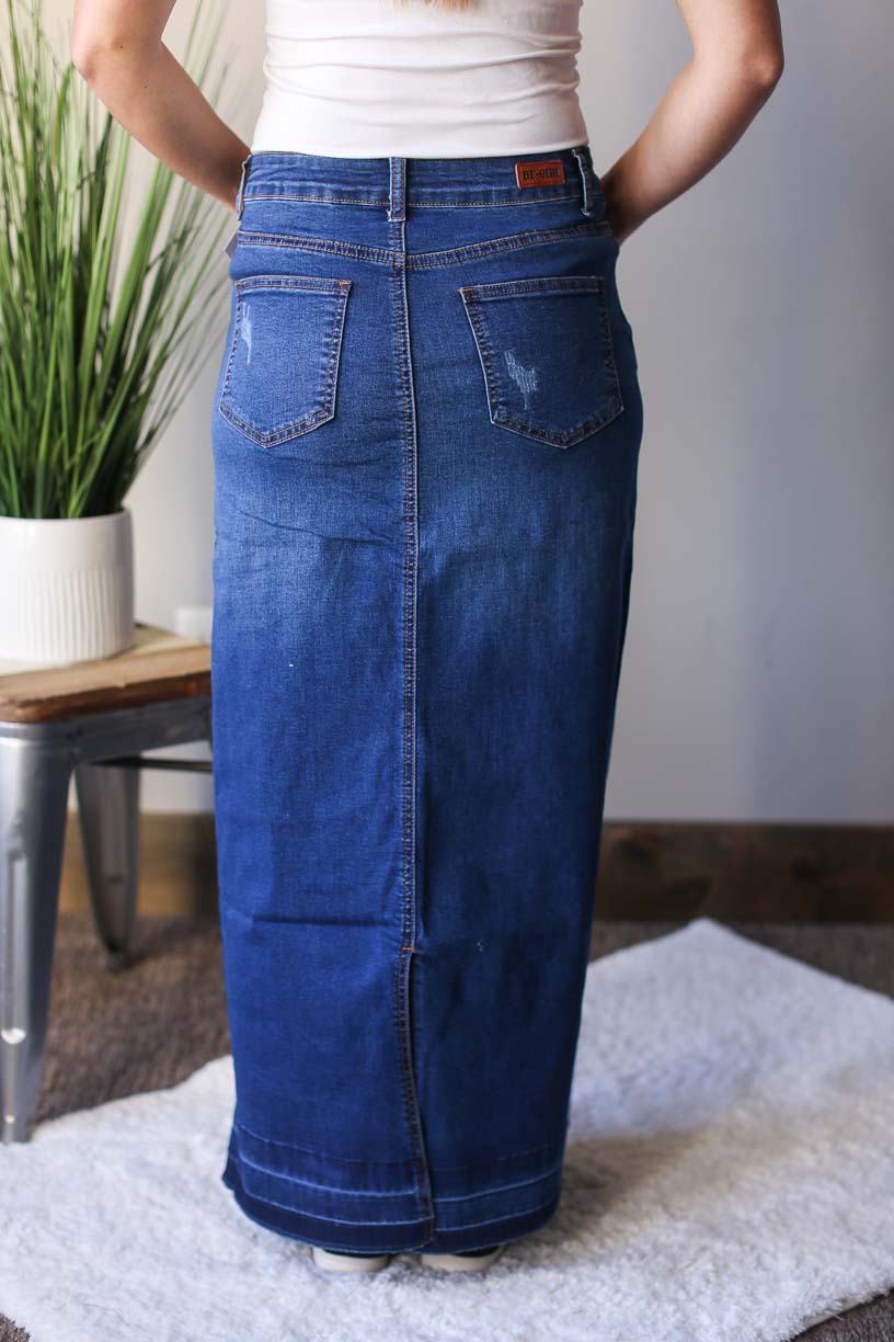 Blue Long Back Slit Denim Skirt | Haerin - NewJeans - Fashion Chingu